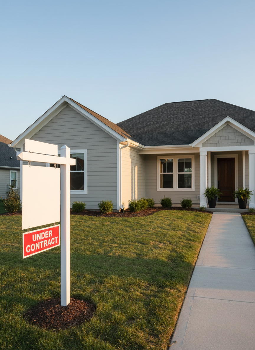 A tidy suburban single-family house with fresh, neutral-colored siding, a simple gabled roof, and a small, well-kept front yard featuring trimmed grass and a clean concrete walkway leading to the front door. A bright red “Under Contract” rider is prominently attached to a white, modern “For Sale” post sign at the edge of the property, standing straight on a small patch of mulch. The sky is clear with soft, late-afternoon sunlight casting warm highlights on the sign and gentle shadows along the facade. Captured from a slightly elevated angle in photographic realism with balanced depth of field, the composition uses rule of thirds to make the contract sign the visual focal point, creating a mood of momentum, certainty, and fast-moving opportunity in real estate wholesaling.