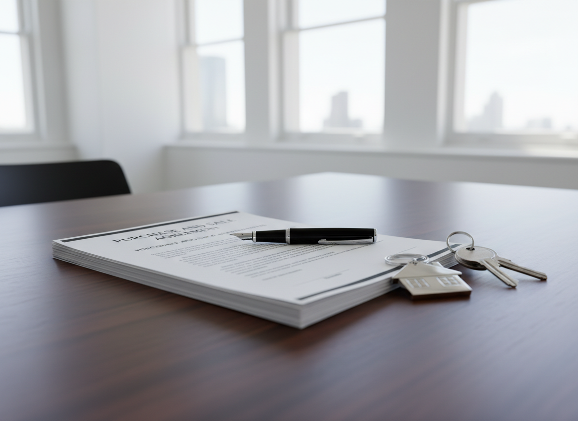 A neat, modern closing table arranged in a bright, professional office, covered with a stack of neatly aligned real estate contracts labeled “Purchase and Sale Agreement,” a silver metal house-shaped keychain beside a fresh set of keys, and a sleek black fountain pen resting diagonally across the top page. The table surface is dark walnut with a smooth, matte finish, contrasting with white walls and large floor-to-ceiling windows in the softly blurred background. Late-morning natural light pours in, creating crisp highlights on the pen and gentle shadows along the paper edges. Photographed at eye level with a shallow depth of field and photographic realism, the mood is confident and trustworthy, emphasizing the precision and professionalism of a quick, cash-based real estate transaction.