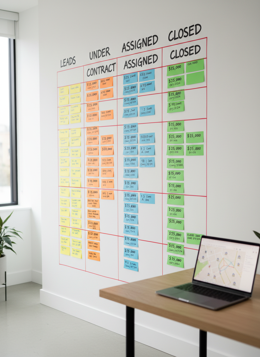 An organized whiteboard wall in a clean, modern office, covered with neatly drawn property pipeline stages: “Leads,” “Under Contract,” “Assigned,” and “Closed,” each column lined with color-coded sticky notes representing different deals. Some notes have bold marker numbers indicating assignment fees and closing dates. A slim laptop with a muted gray casing sits on a nearby light oak desk, its screen displaying a simplified map with property icons. Soft, diffused daylight from a nearby window brightens the scene, producing minimal shadows and a calm, analytical atmosphere. Shot from a three-quarter angle with photographic realism and moderate depth of field, the composition emphasizes the whiteboard, illustrating an efficient, systematized wholesaling operation connecting motivated sellers and cash buyers.